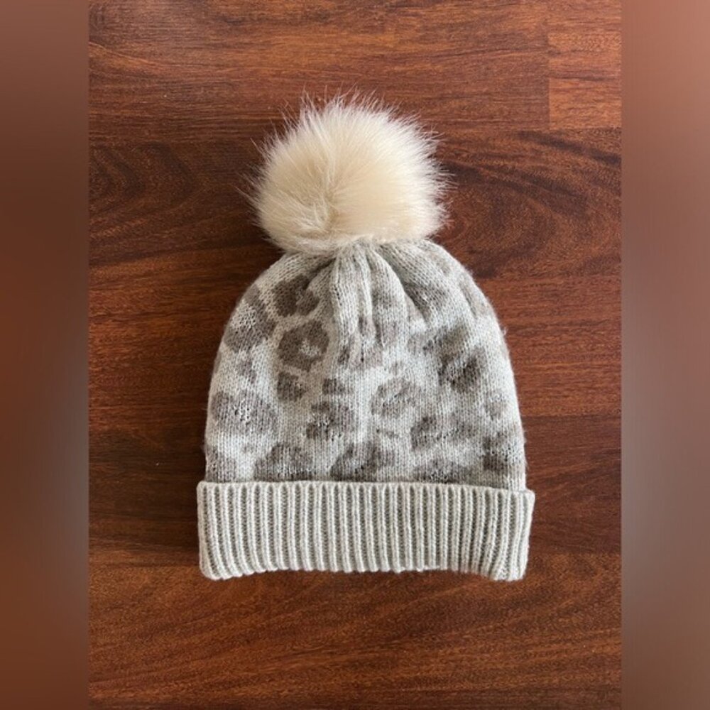 Old Navy Kids Leopard Print Pom Beanie Fleece Lined Gray L/XL